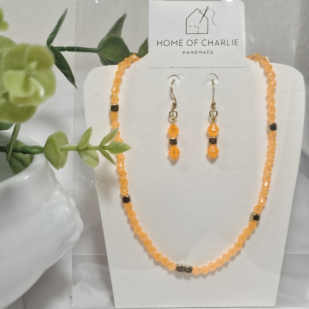 Orange Czech Crystal Beads Simple Minimalist  Necklace Earrings Jewelry Set